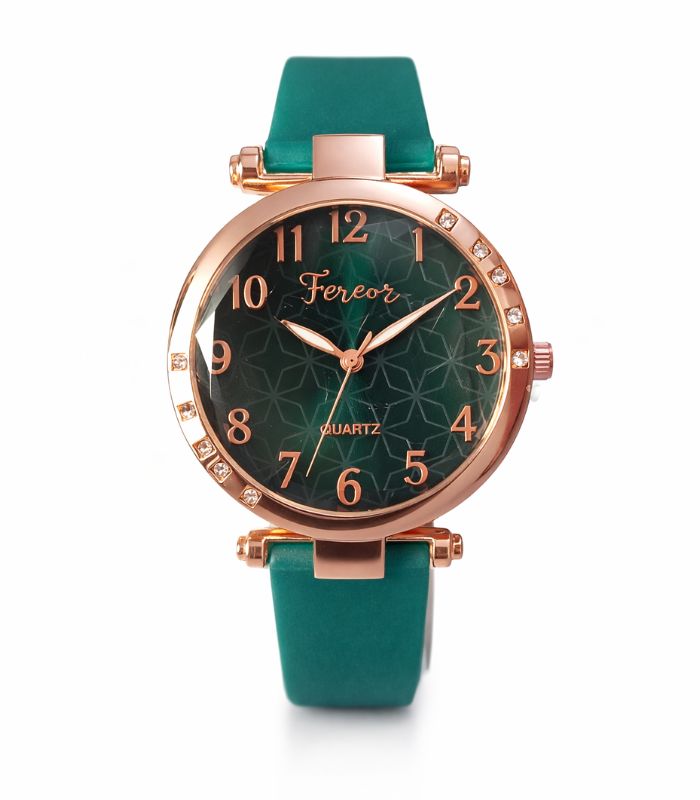 nayratimes-wrist-watch-11.jpg Emerald Green Dial Rose Gold Women’s Analog Watch with Crystal Bezel & Teal Strap | Stylish Ladies Wrist Watch - Image 1