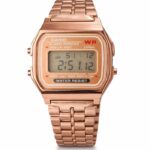Retro Square Digital Watch for Men with Rose Gold Metal Strap | Water Resistant Alarm Chronograph Wrist Watch